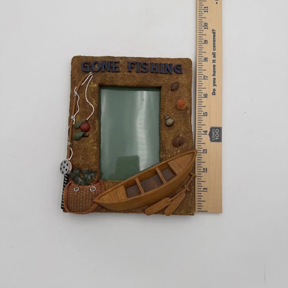 Gone Fishing Resin Picture Frame 3D Boat Fishing Pole Cabin Decor 3.5x5 Photo